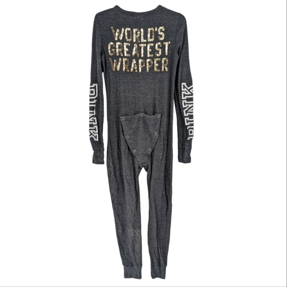 VS Pink One Piece Pajamas Bling Gray Thermal with Gold Sequins Size Medium - Picture 8 of 9